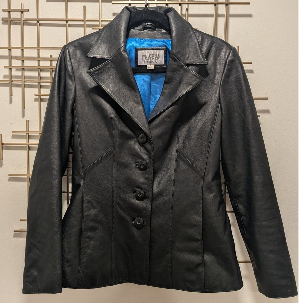 Vtg Wilsons Leather Jacket Blazer Black Maxima Button Front Sz S *READ Sleek